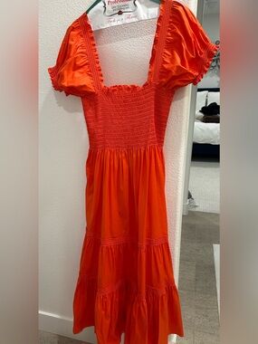 Tory Burch Bright Orange Smocked Maxi Dress with Puff Sleeves